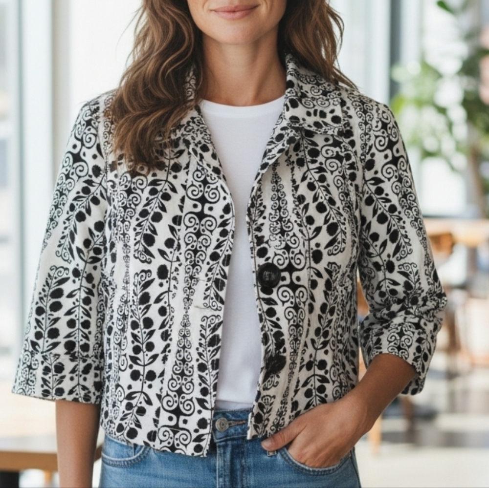 Ambition Cotton/Spandex Blend Black and White Patterned Women's Blazer Size PM